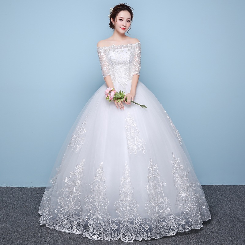 婚纱礼服夏季2021新款结婚韩版一字肩白色简约中袖公主齐地款气质