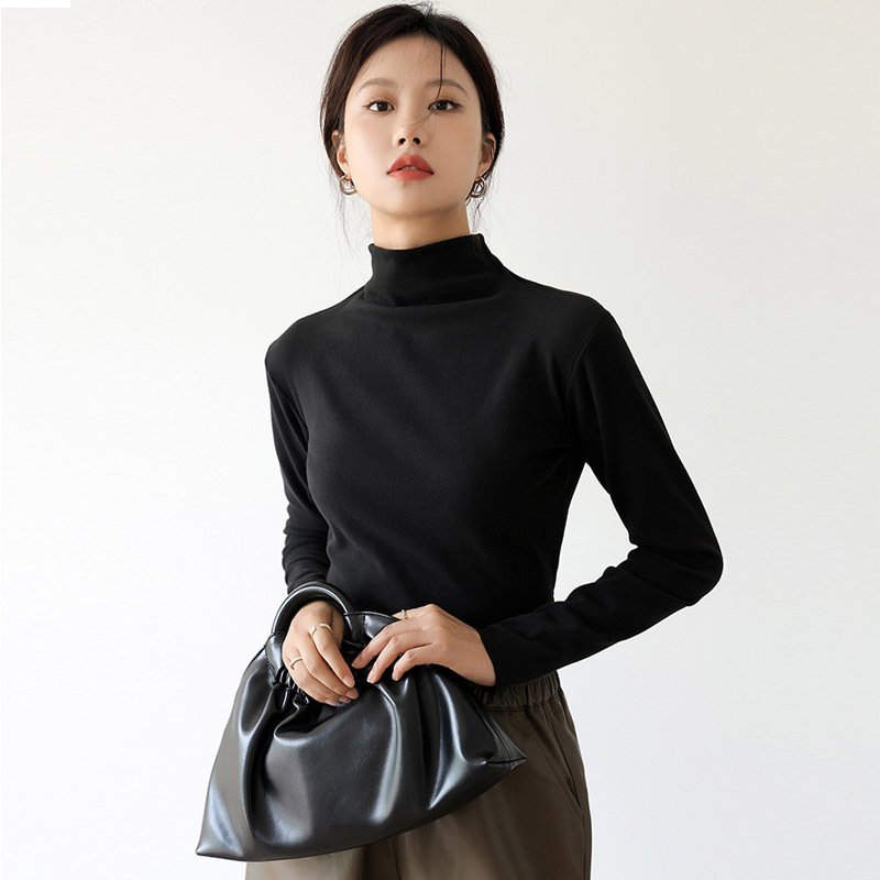 半高领打底衫女春秋新款德绒纯色内搭修身黑色上衣长袖薄款女上衣