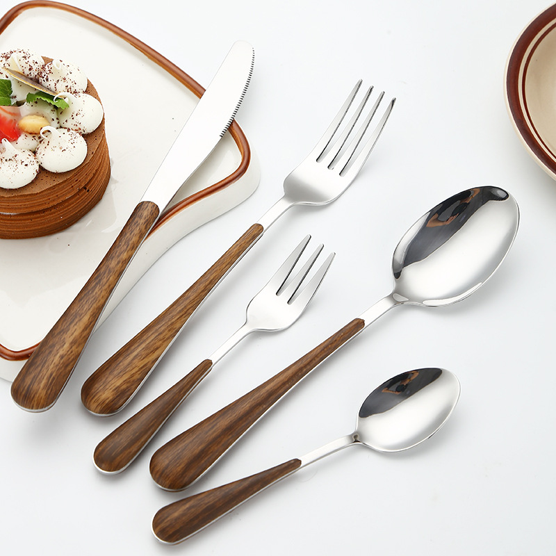 Imitation Wooden Handle Stainless Steel Tableware Suit 1010 Hotel Western Tableware Steak Knife Dessert Spork Five-Piece Set