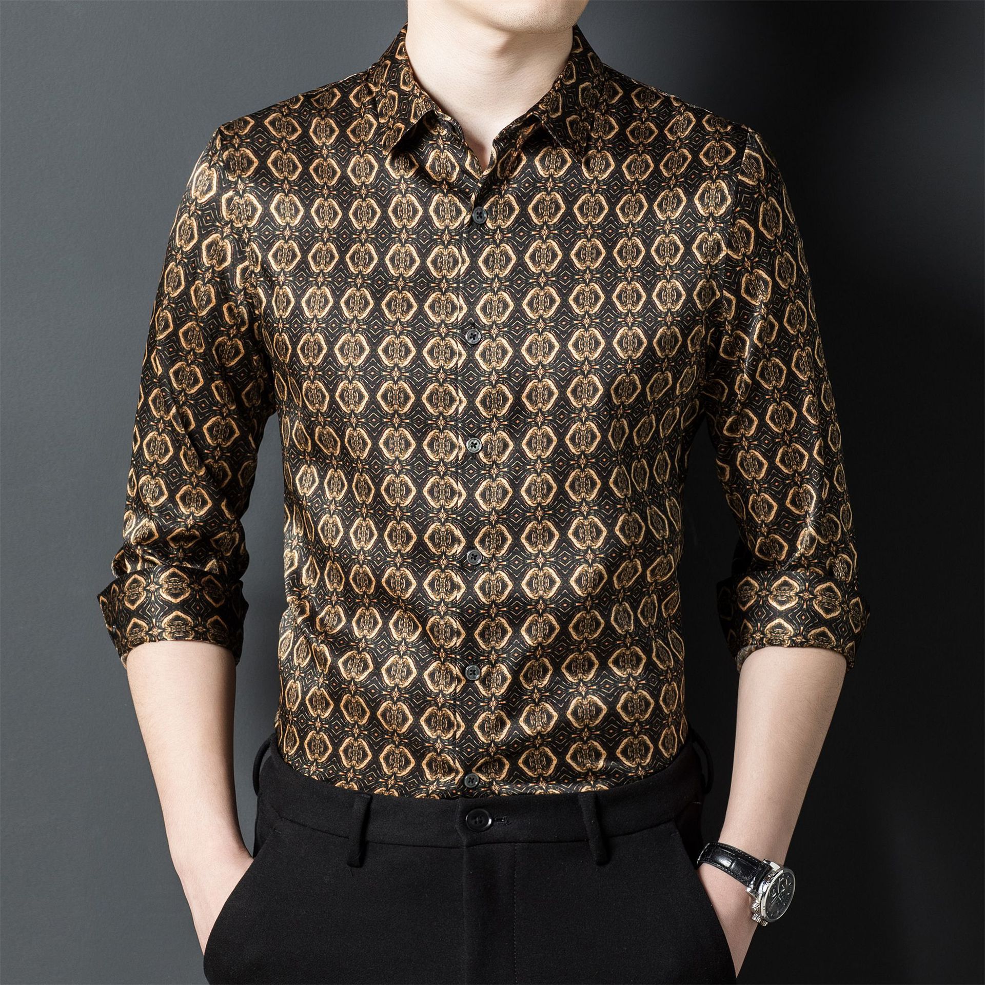 2021春秋季商务休闲薄款桑蚕丝长袖衬衫中年爸爸装男装宽松衬衣衫