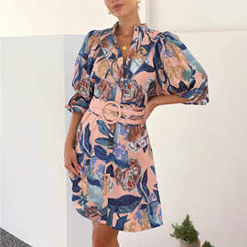 欧美跨境2025亚马逊速卖通独立站时尚印花气质百搭亚麻花边连衣裙