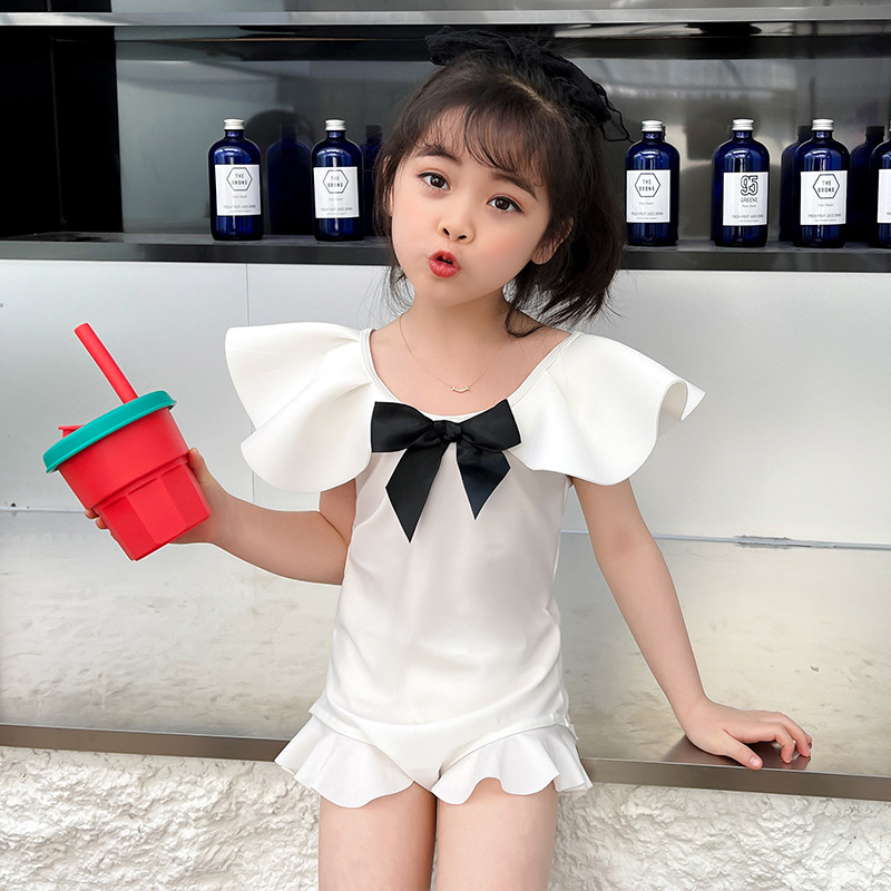 女童泳衣女中小童可爱连体荷叶边蝴蝶结平角小可爱小学生温泉泳装