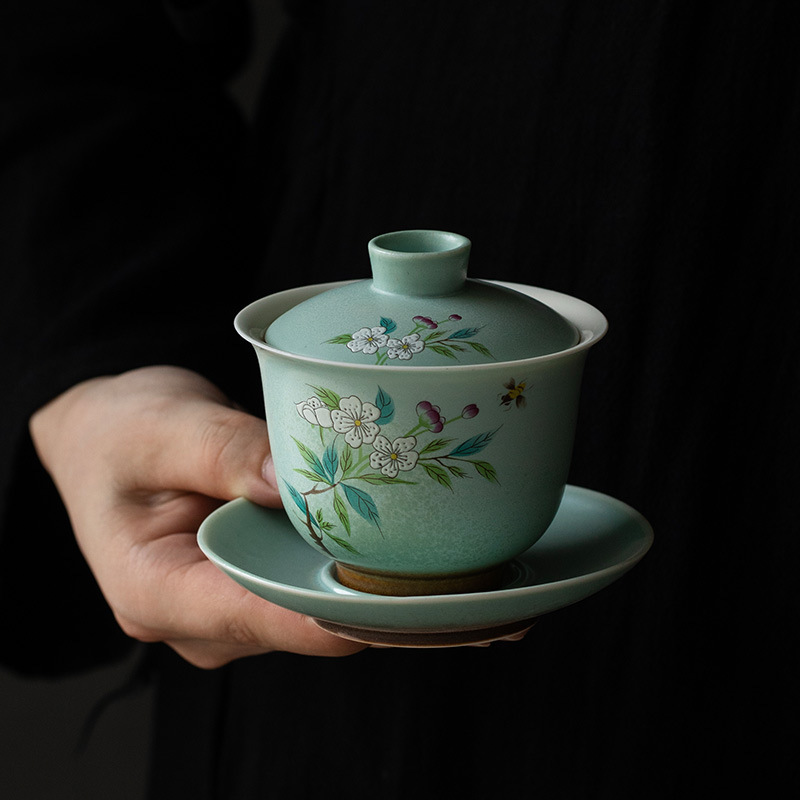 复古窑变三才盖碗茶杯单个陶瓷功夫茶具泡茶碗大号日式敬茶碗可印