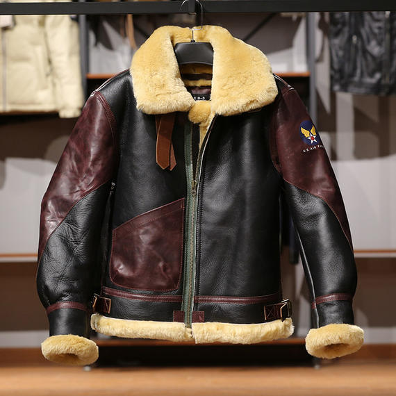 avfly巴顿将军b3皮毛一体飞行服夹克 男单边兜真皮皮衣皮草