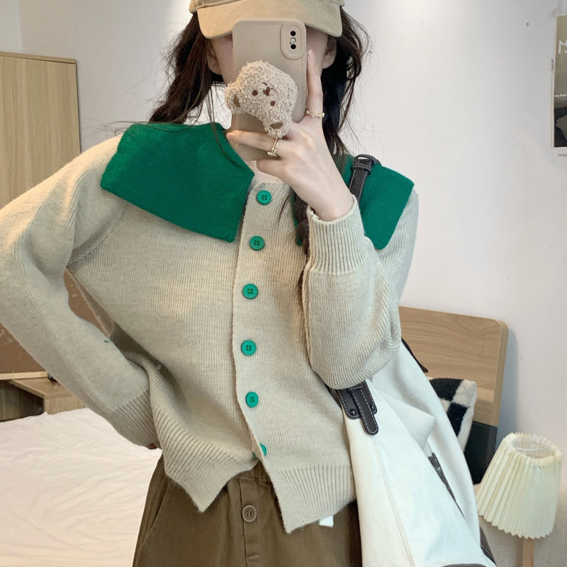 2023 Autumn New Navy Collar Long Sleeve Knitted Cardigan for Women All-Match Small Western Style Leisure Knitted Top for Women