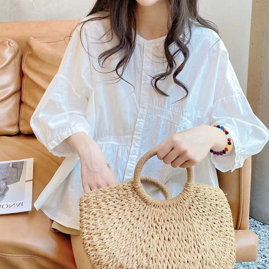 娃娃衫甜美白色纯棉衬衫设计感高级夏季女开衫宽松不对称清新上衣