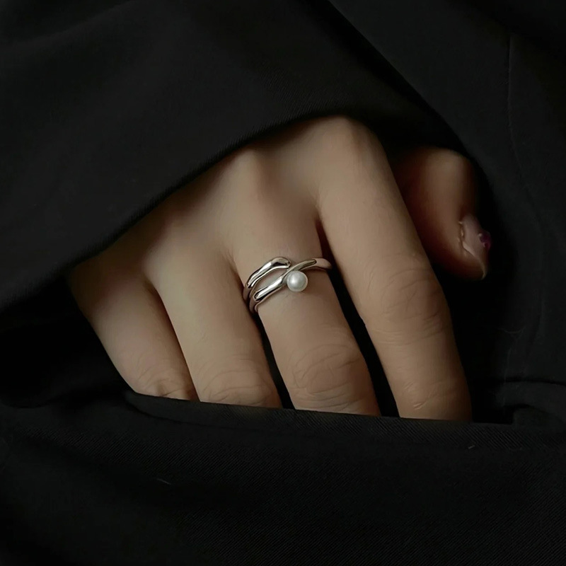 s925纯银简约甜美珍珠戒指女几何线条交叉气质开口指环叠戴食指戒