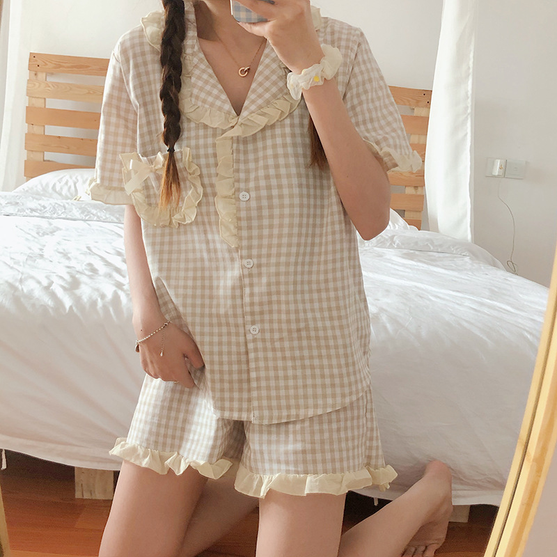 花边格子夏季睡衣女可爱日系短袖短裤韩版ins少女心家居服夏套装