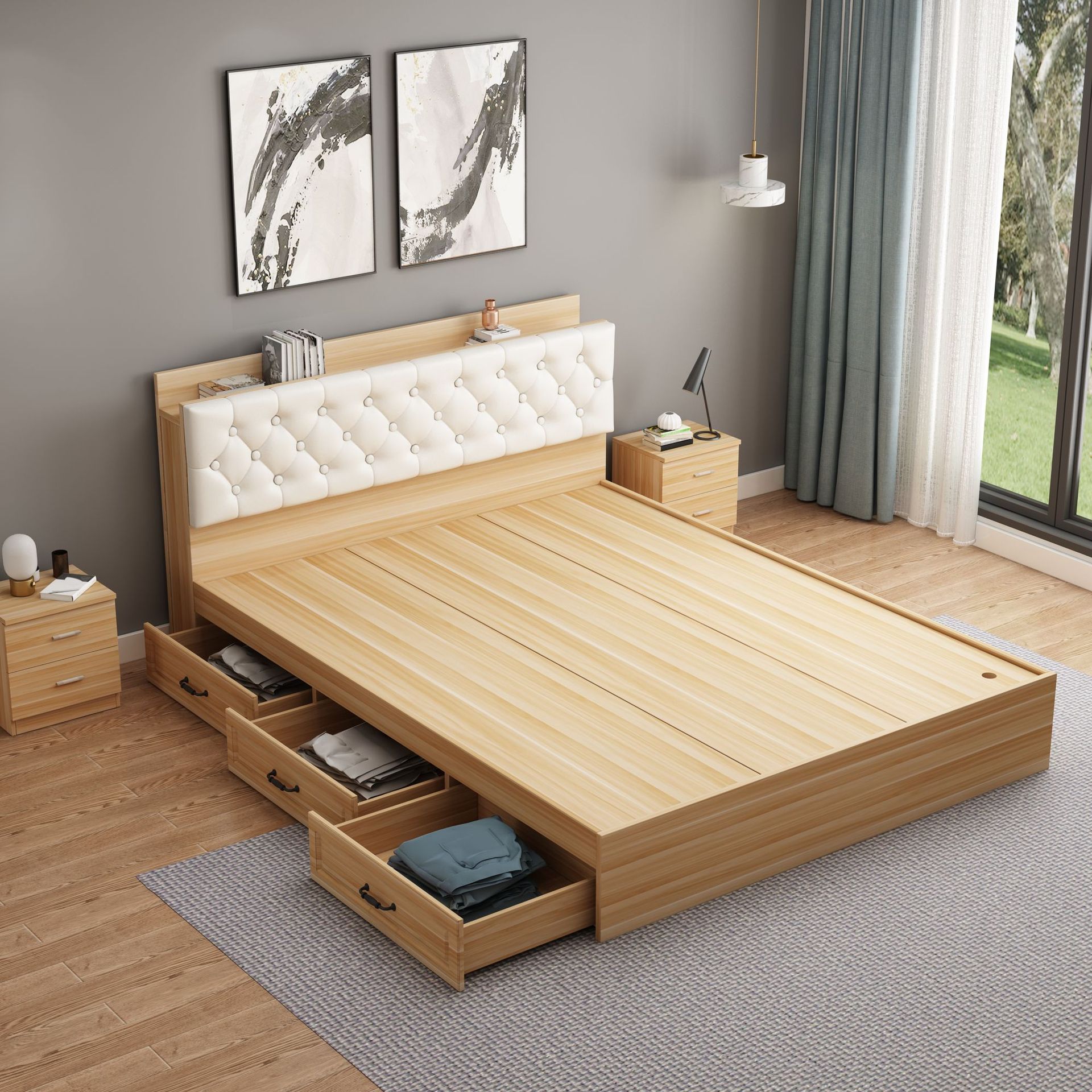 榻榻米床现代简约实木1.5米落地双人床板式阳台床1.8多功能储物床