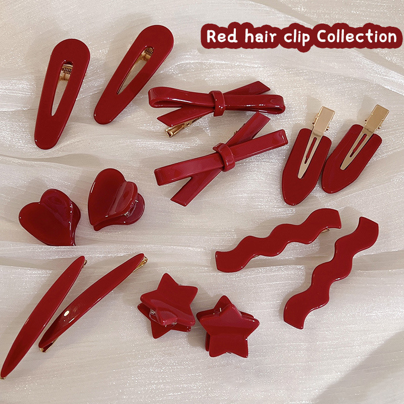 New Year Red Hairpin Women's Side Bangs Broken Hair Single Line Clip Headdress Christmas Forehead Duckbill Clip Hair Clip Side Clip