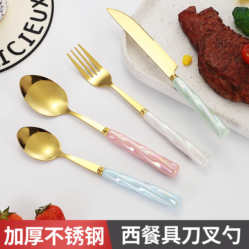 Amazon Porcelain Handle Stainless Steel Knife and Forks Spoon Cute Cartoon Cross-Border Gold-Plated Factory Western Tableware Four-Piece Set