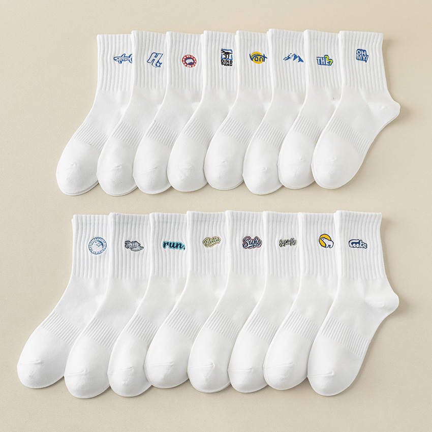 New Autumn and Winter Long Sports Cotton Socks White Embroidery Tube Socks Breathable and Simple Style Cotton Socks Cross-Border Supply