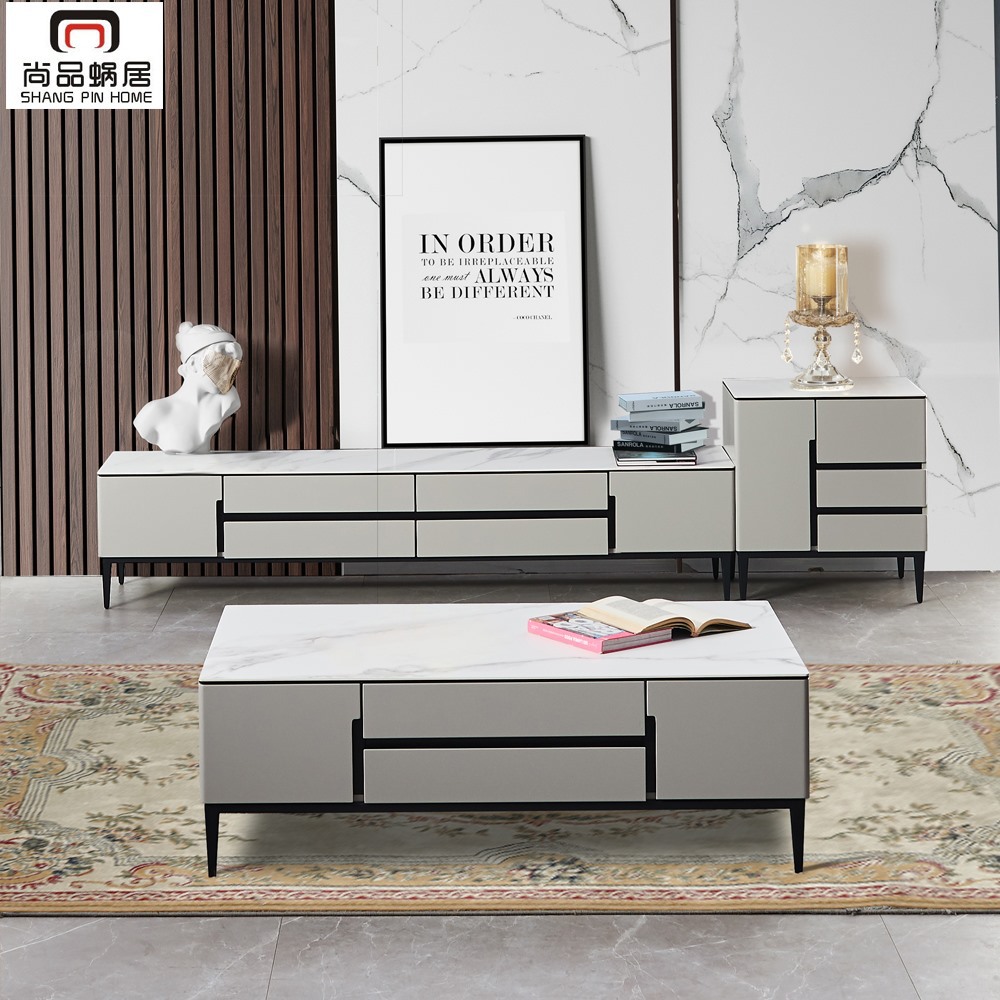 2021新款亮光岩板电视柜茶几组合意式极简亚光烤漆茶几桌家用斗柜