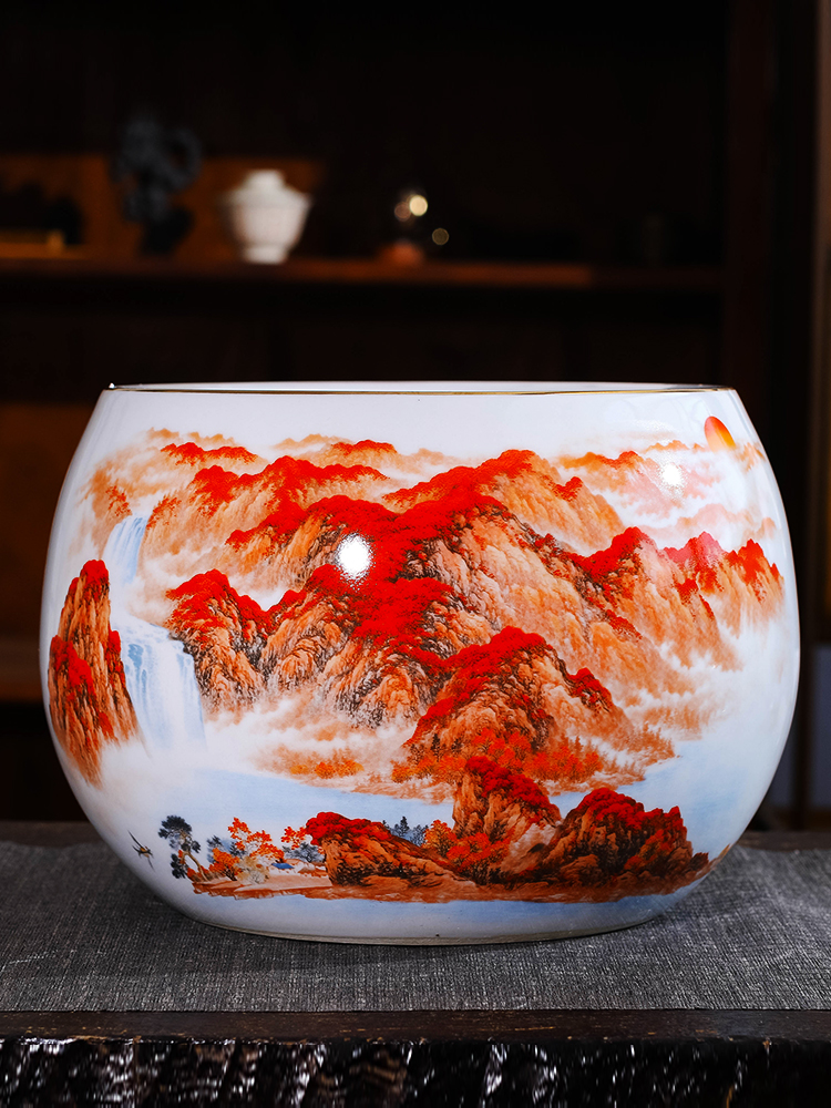 景德镇陶瓷器鸿运当头聚宝盆摆件中式家居饰品客厅玄关养鱼缸摆件