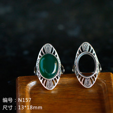 S925纯银简约潮流绿色猫眼石精致嘻哈几何型女式设计未镶嵌戒指