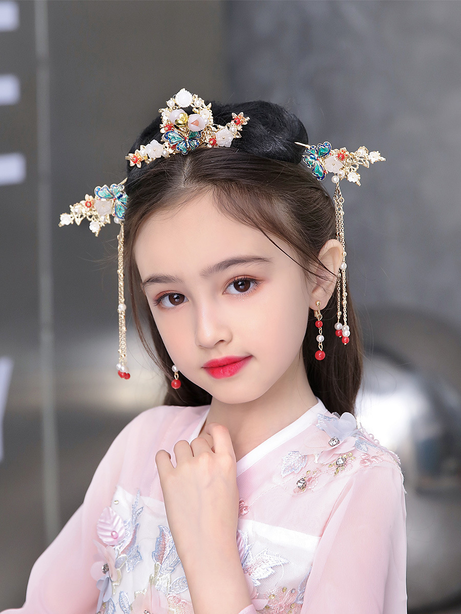 古风发饰儿童发冠汉服仙女流苏步摇插梳发簪女童古装配饰凤冠演出