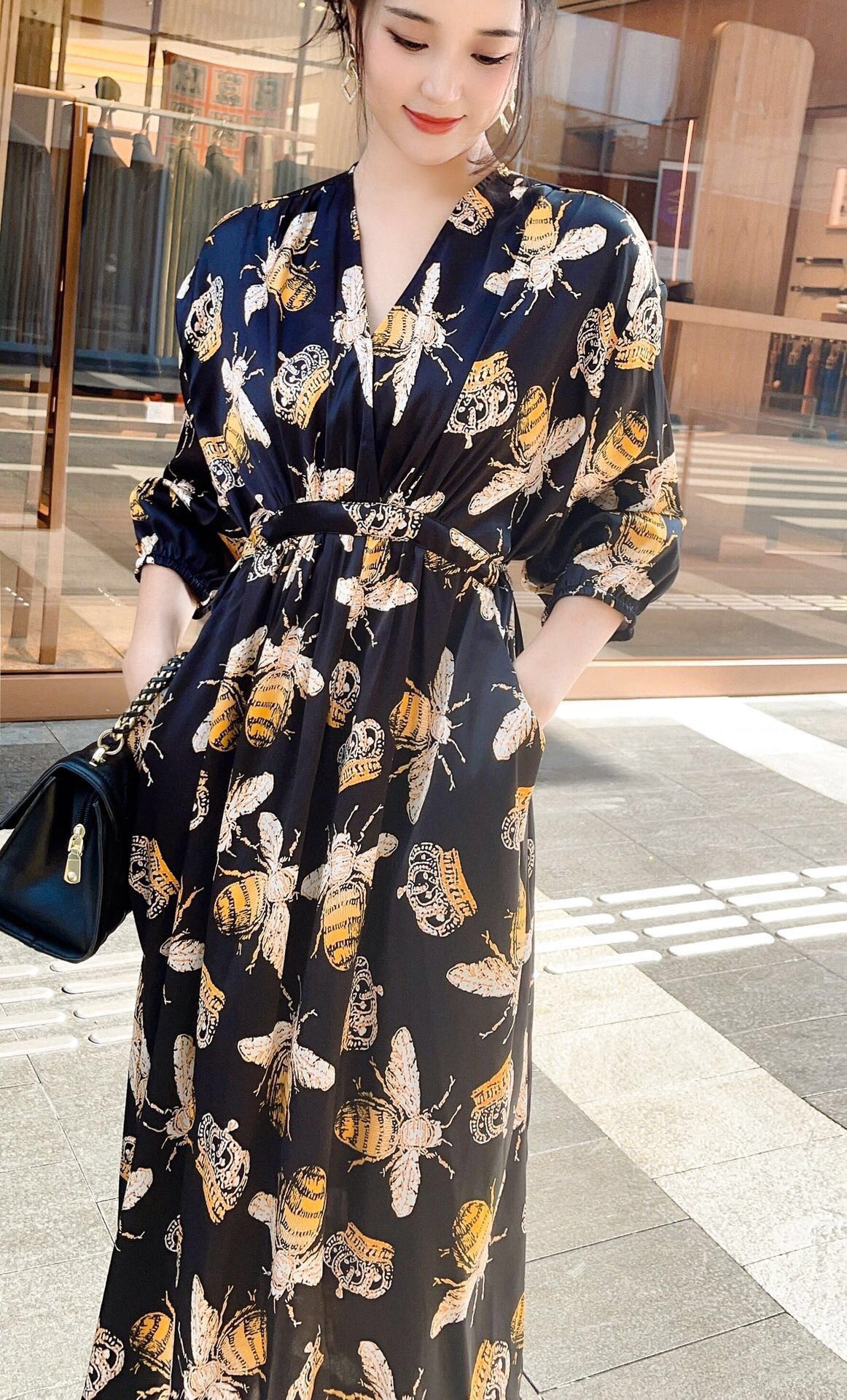 欧货高定气质显瘦时尚印花重磅真丝连衣裙女装桑蚕丝中长裙春批发