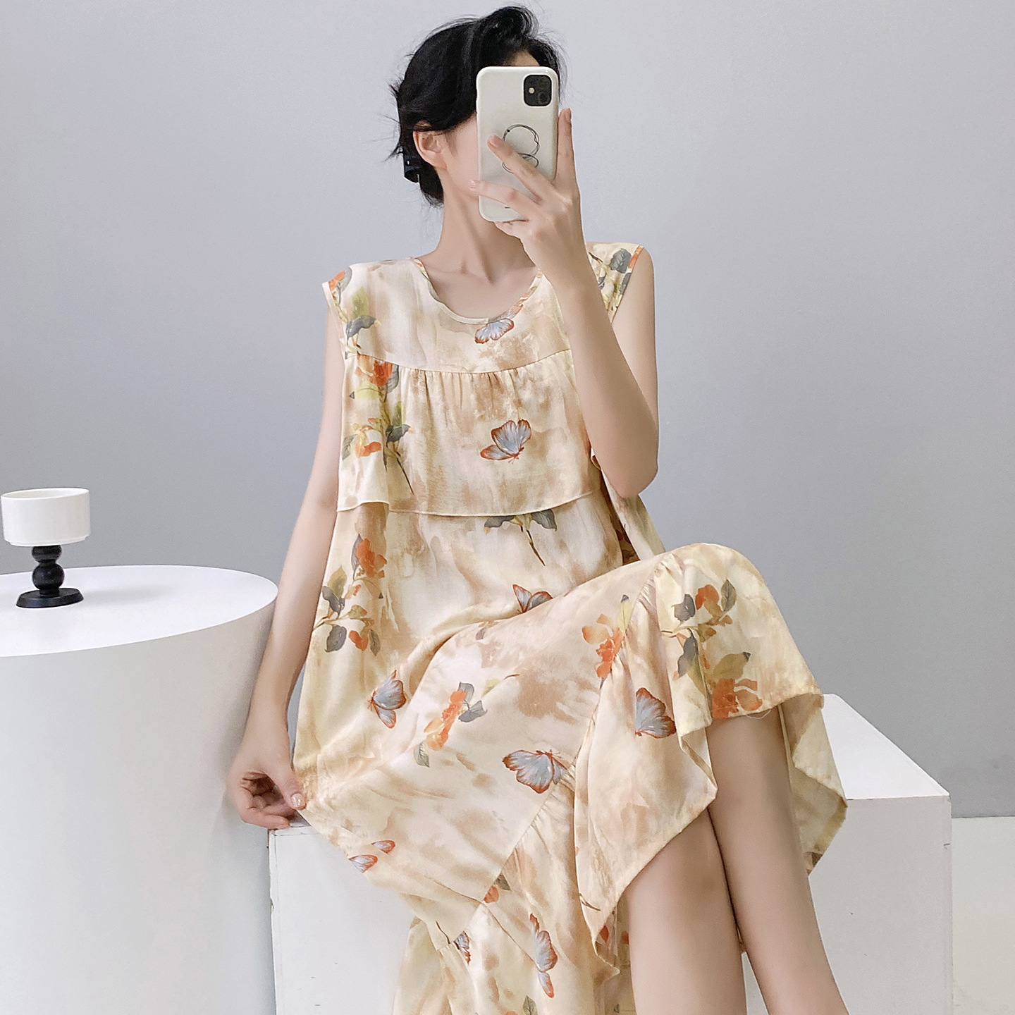 夏季无袖棉绸睡裙薄款背心防凸点碎花连衣裙人造棉睡衣外穿家居服