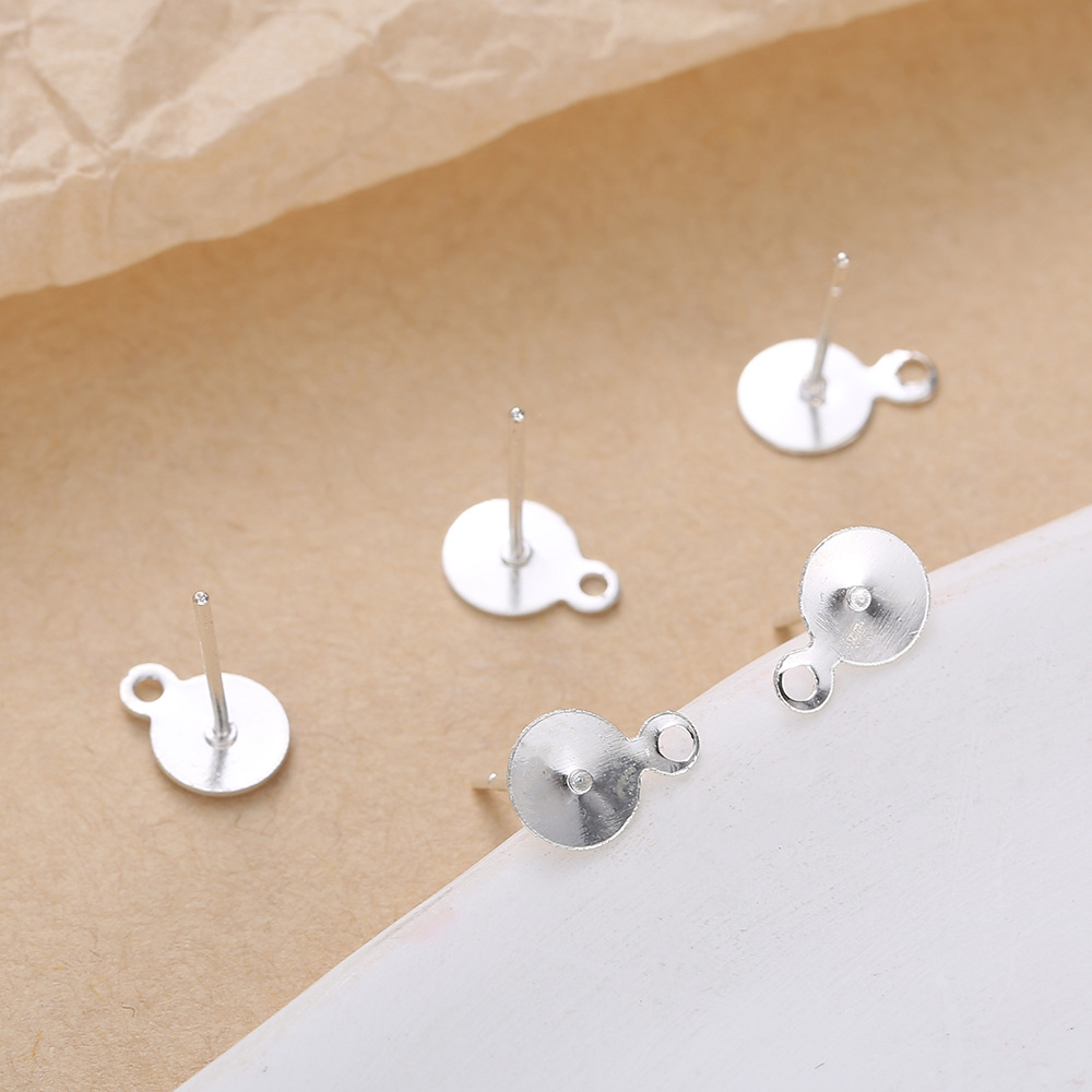 s925 imitation silver needle with hanging plain film with hanging flat needle ear studs color retaining electroplating flat head round bottom pearl holder wholesale