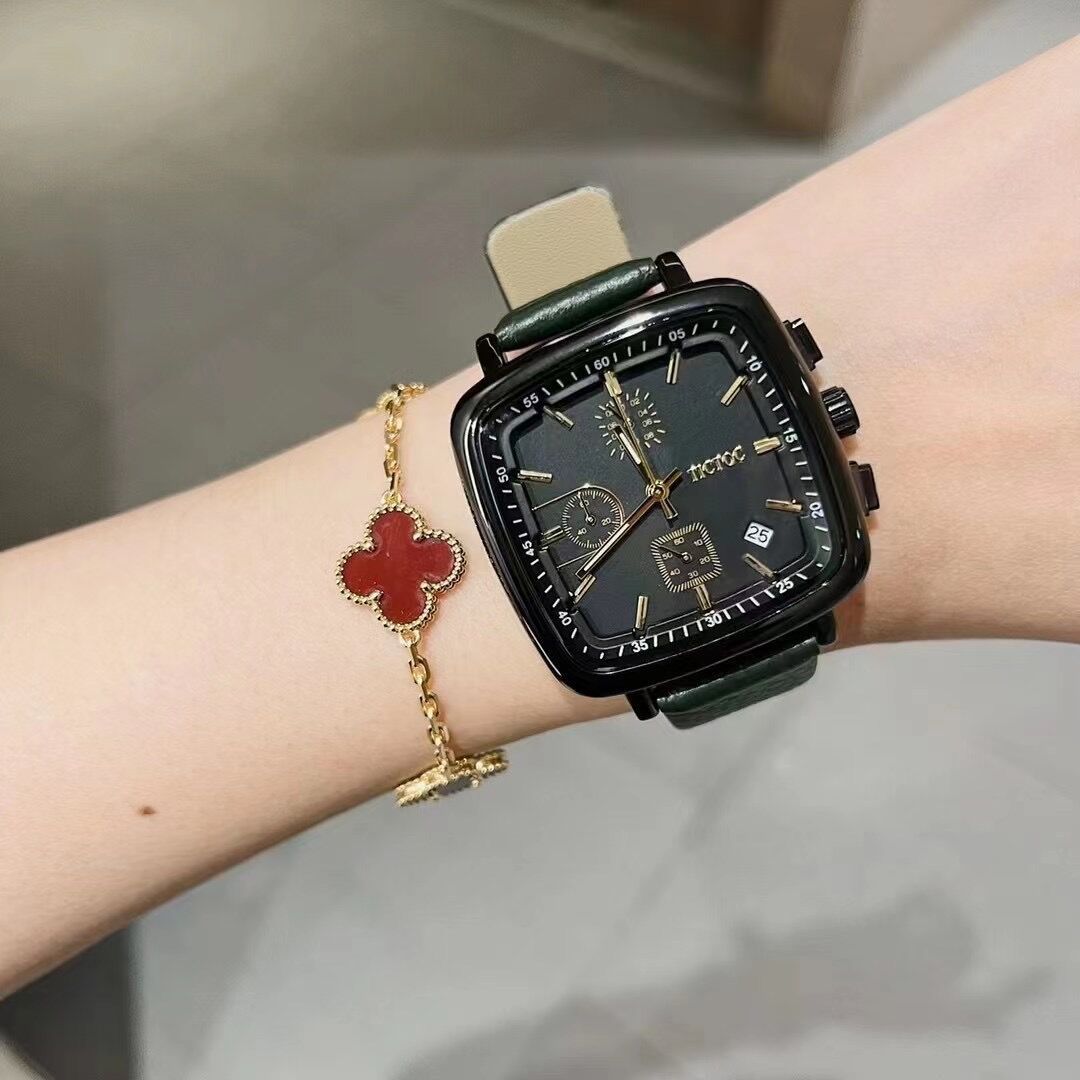 tt方形手表三眼6针带日历防水学生休闲时尚潮流运动女士女表皮带