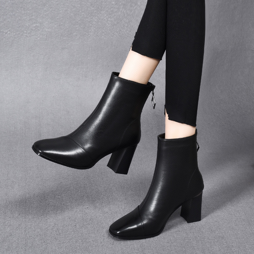 方头时装靴女2023秋冬新款头层牛皮后拉链粗跟短靴欧美风女高跟靴