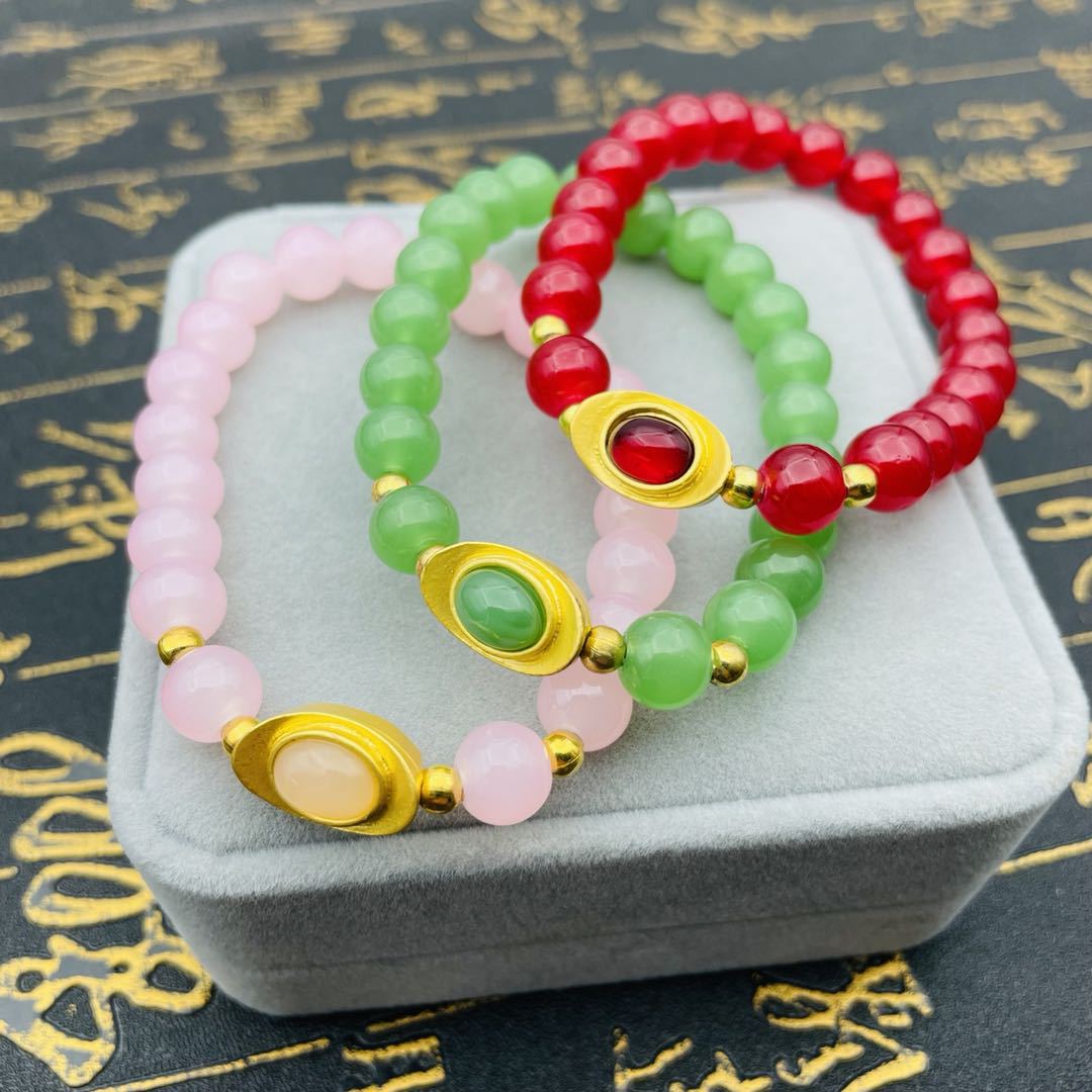 新款宝石元宝串珠琉璃手链 镀金元宝镶嵌猫眼石手链 直播文玩饰品