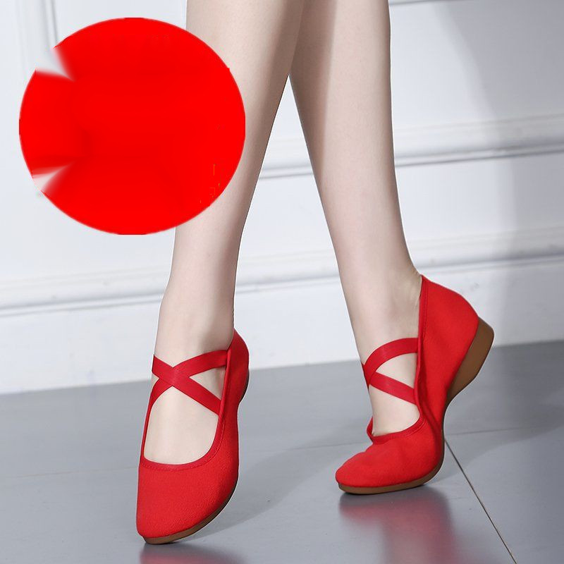 红舞鞋广场舞鞋女新款帆布鞋成人四季舞蹈鞋低跟软底布鞋跳舞鞋