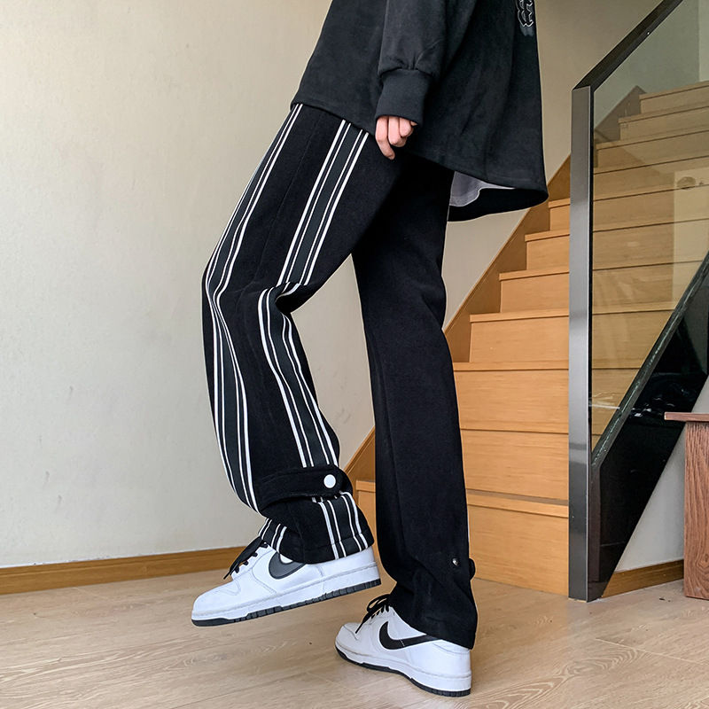   Black and White Striped Pants Men's Spring American High Street Drooping Straight Sports Pants Fashion Brand oose Wide eg Casual Trousers