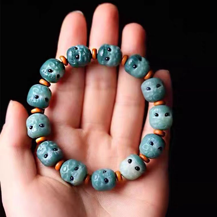 天然白玉绿菩提根雕刻小阿呆文玩手串13mm护主阿呆菩提子单圈手链