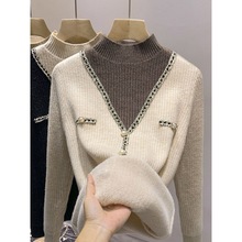一体绒加绒加厚半高领假两件女士毛衣2023冬季新款拼色针织打底衫