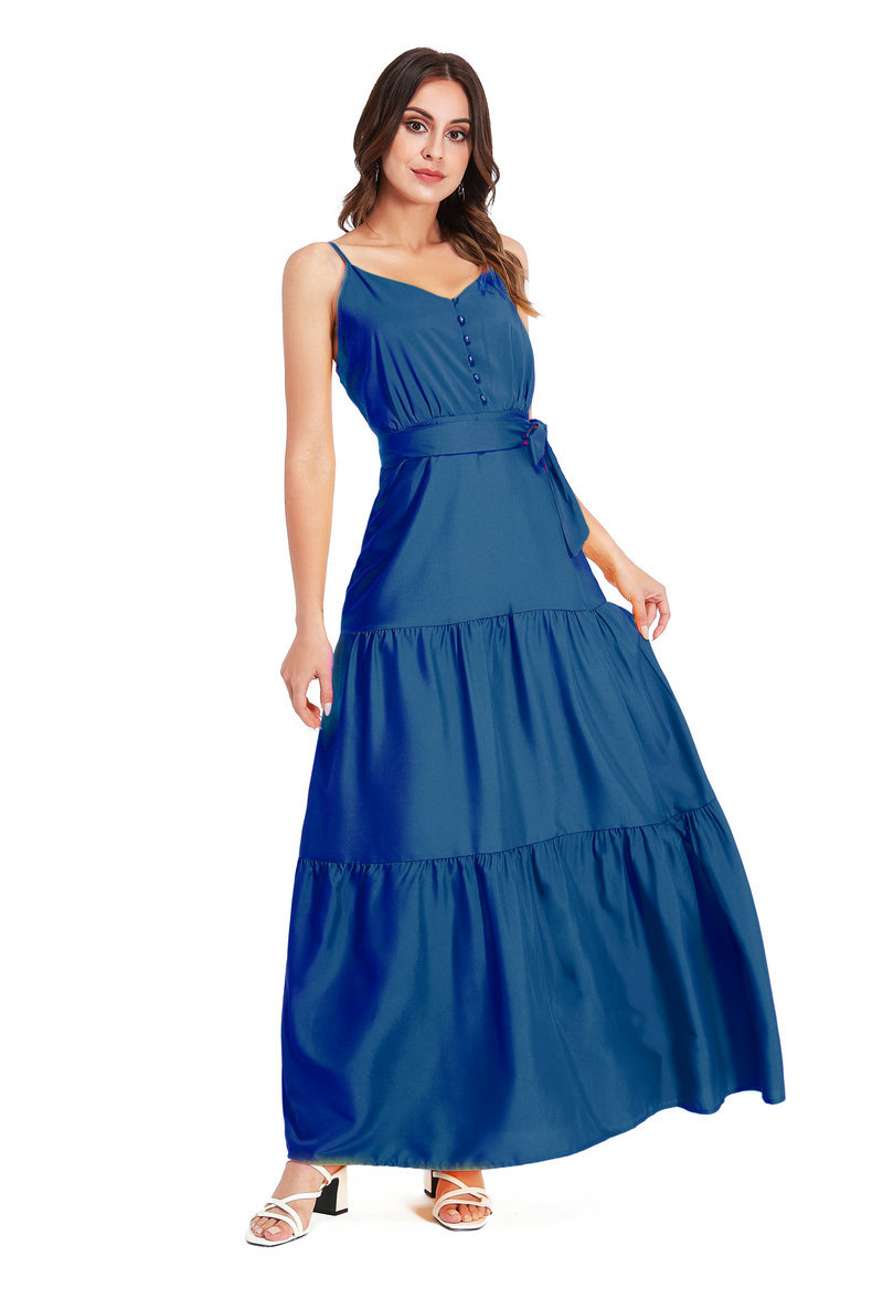 2021年亚马逊夏季新款裙子欧美长衣裙气质纽扣无袖收腰吊带连衣裙