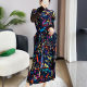 Miyake pleated 2022 summer new color strip printing high-end large size stand-up collar Western style slimming loose belly cover dress Miyake pleated 2022 summer new color strip printing high-end large size stand-up collar Western style slimming loose belly cover dress