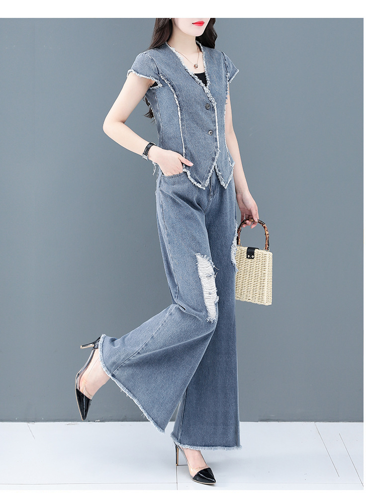 牛仔套装女夏2021年夏装新款女装夏季时尚气质减龄阔腿裤两件套潮