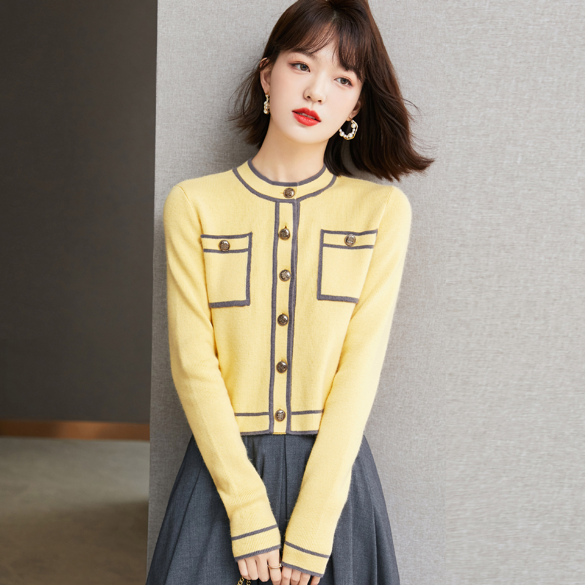 小香黄色毛衣针织开衫女2021秋季新款洋气内搭打底衫短款毛衣外套
