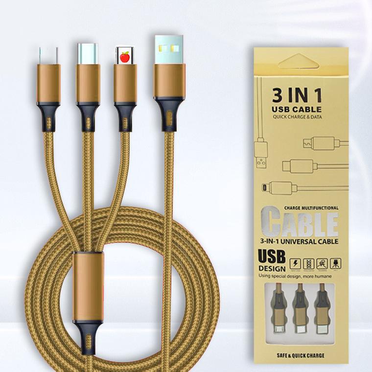 Factory Wholesale Multi-Head 3a Fast Charge Three-in-One Data Cable Nylon Woven Three-in-One Mobile Phone Charging Cable Three-Purpose