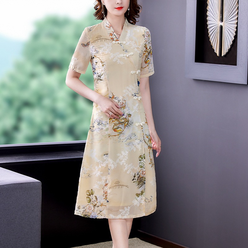 网红爆款热销夏季新款中国风印花v领改良旗袍收腰中式复古连衣裙
