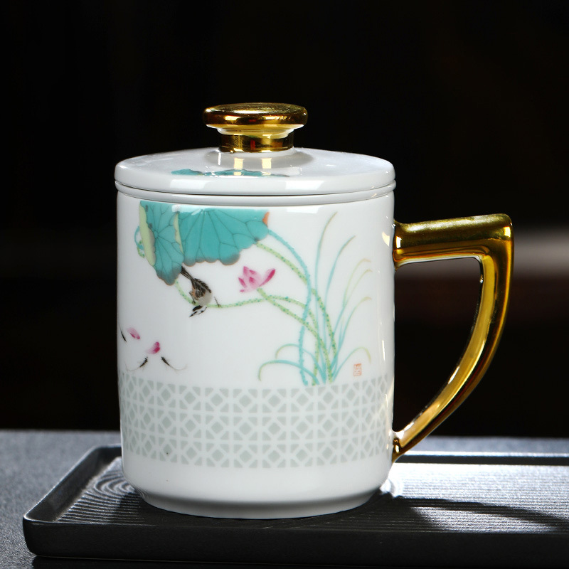 景德镇陶瓷茶杯茶水分离办公杯带盖水杯马克杯家用泡茶杯子玲珑杯