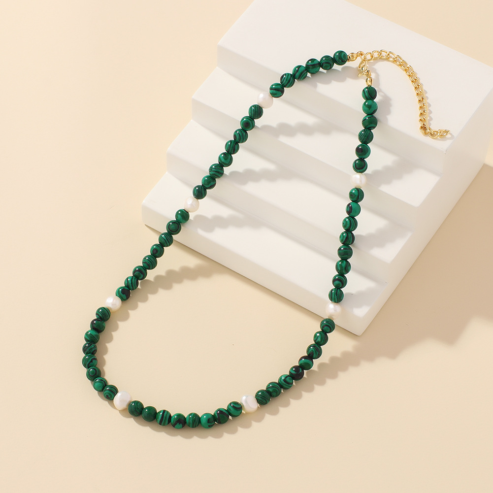 欧美百搭孔雀石项链女小众设计感时尚气质淡水珍珠锁骨链饰品批发