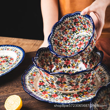 波兰陶瓷餐具家用创意碗碟套装复古饭碗汤碗面碗双耳碗菜盘子跨境