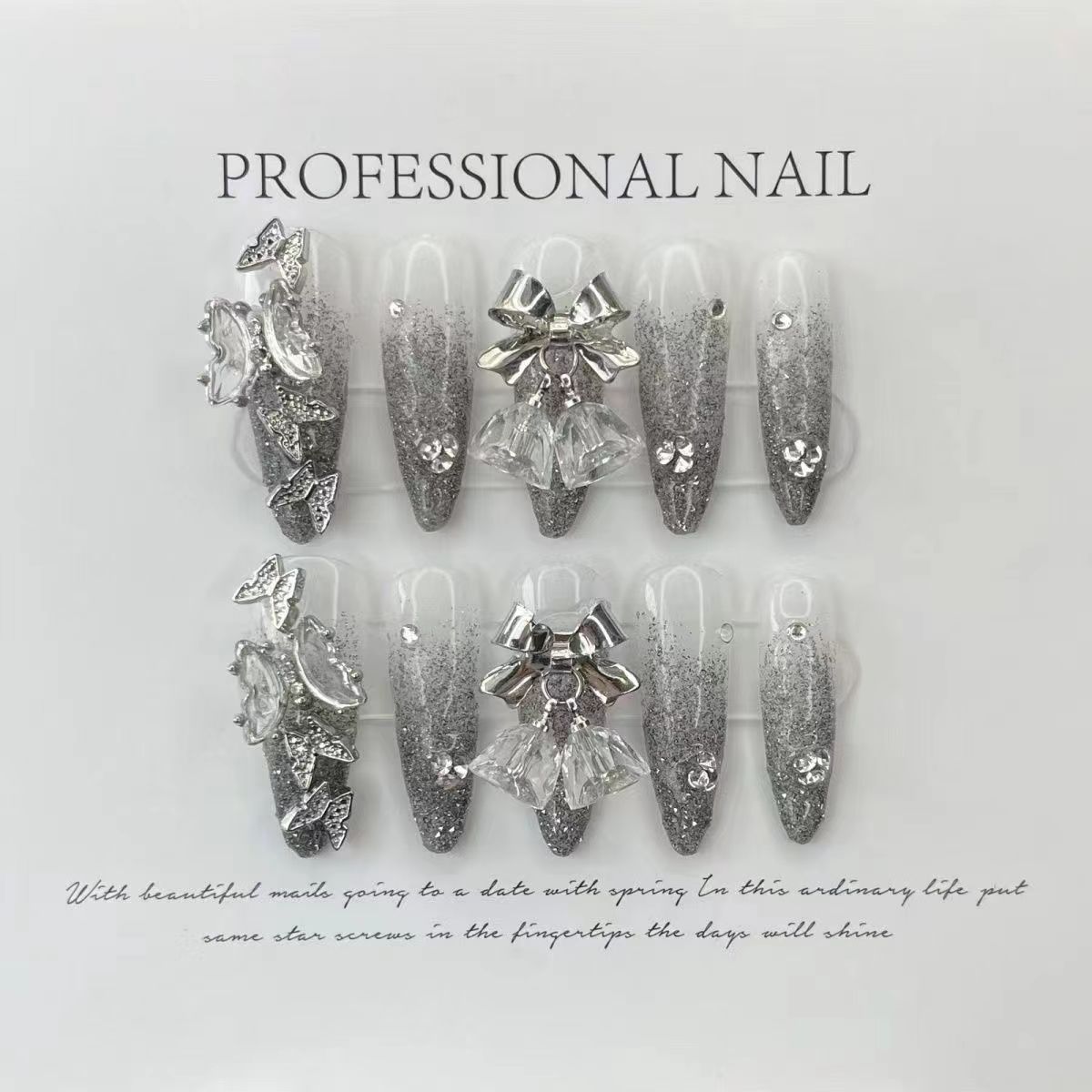 [Hand-Worn Nail] New Style Silver Gradient Flash Butterfly Diamond in the Debris Advanced Manicure Long Bell Manicure