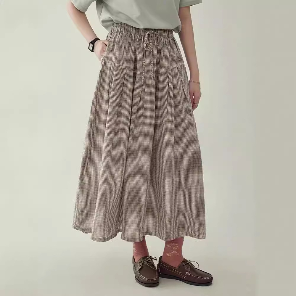 2024夏季新款女下装半身裙日系格子文艺风百搭高腰女裙小众高级感