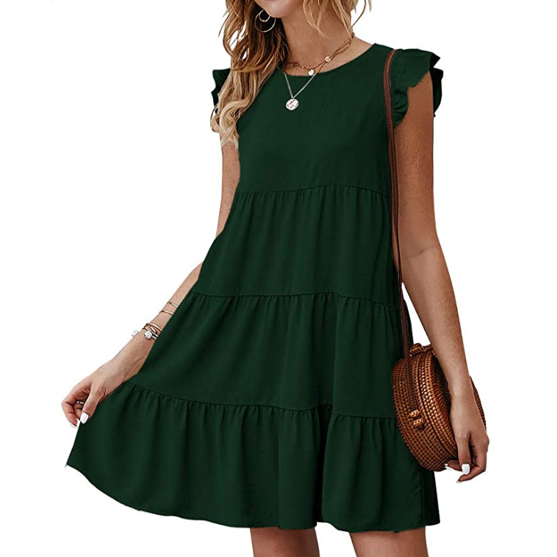 2023 Summer Women's Clothing New European and American Style Dress Solid Color round Neck Short Sleeves Casual Cake Dress Pleated Large Swing Skirt Women Clothes