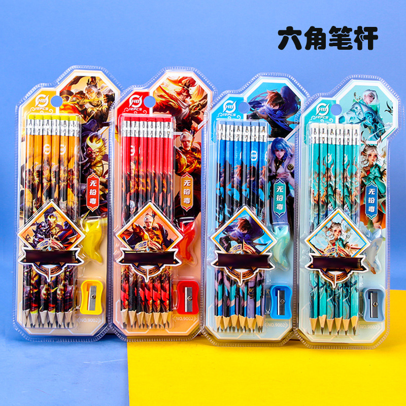 Children's Cartoon Pencil with Eraser Head round Brush Pot Triangle Hb Only for Pupils Kindergarten Writing Pencil 12 Pcs