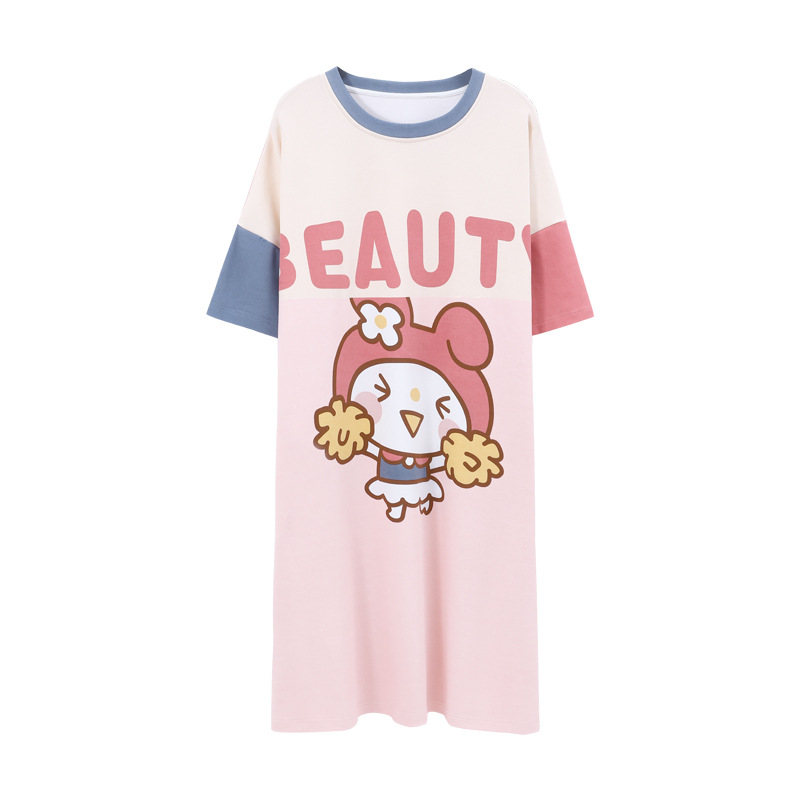 Summer Women's Pajamas Cotton Cute Short Sleeve Nightdress Cartoon Large Size Summer Thin Long Dress Home Wear Can Be Worn outside