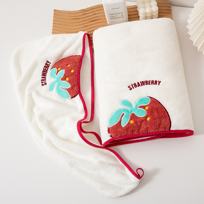 Strawberry Bath Towel Summer Women Can Wear Absorbent Quick-Drying Lint Free Cute Student Hair-Drying Cap Bath Skirt Bathrobe Three-Piece Set
