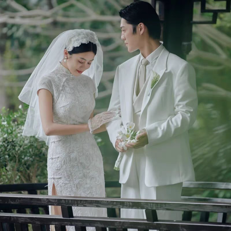 中式复古民国风轻婚纱改良旗袍裙日常可穿2024新款新娘结婚出门纱