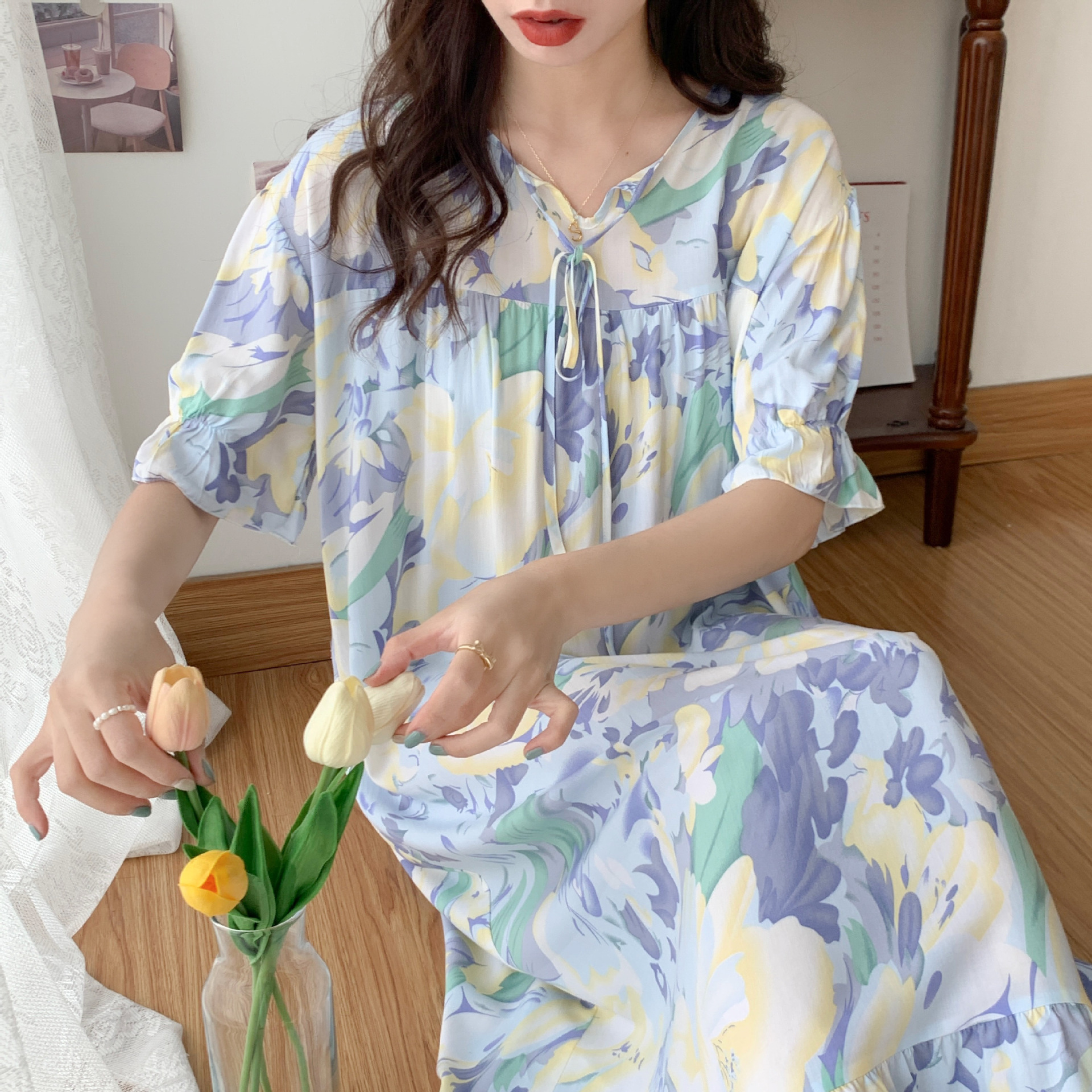 棉绸睡裙女春夏季新款短袖卡通印花睡衣网红直播爆款大码家居服