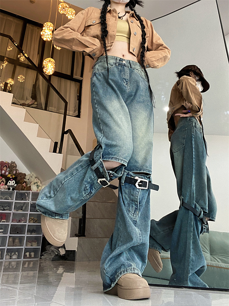 American High Street Washed Worn Jeans Women's Autumn Ripped Design Sense Niche Loose Straight Wide Leg Jeans