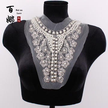百娜花边手工钉珠衣领 圆形管珠手缝串珠衣领服装辅料领花外贸批