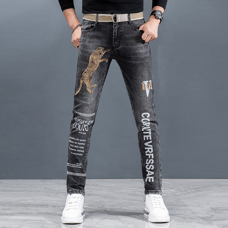Denim Men's Pants European Station High-End Quality Embroidered Jeans Men's Stretch Slim Casual Black Cow Men's Trousers Wholesale